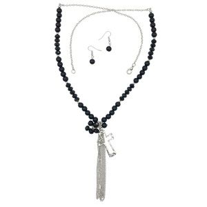 Long Black Bead Cross Tassel Necklace Earrings Set